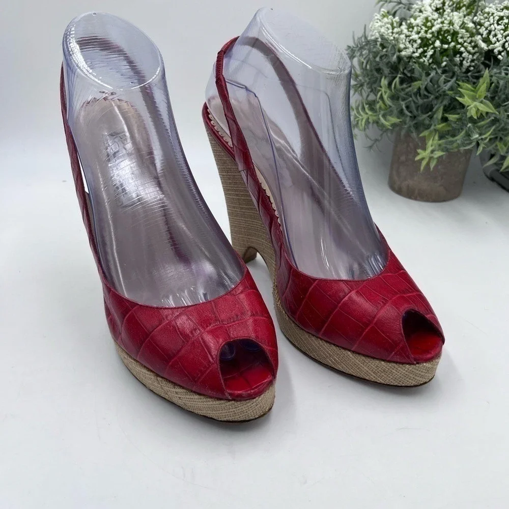 Oscar‎ De LA Renta Womens Red Print Leather Peep-Toe Slingback Wedge 39.5/US 8.5